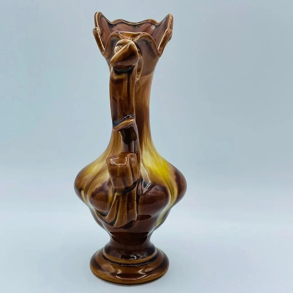 Vintage decorative drip glaze vase small pitcher w/ ruffled rim ornate handle